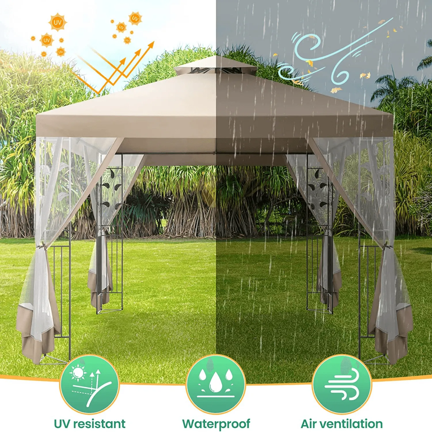 COBIZI 10x10 Outdoor Waterproof Canopy with Mosquito Netting Canopy