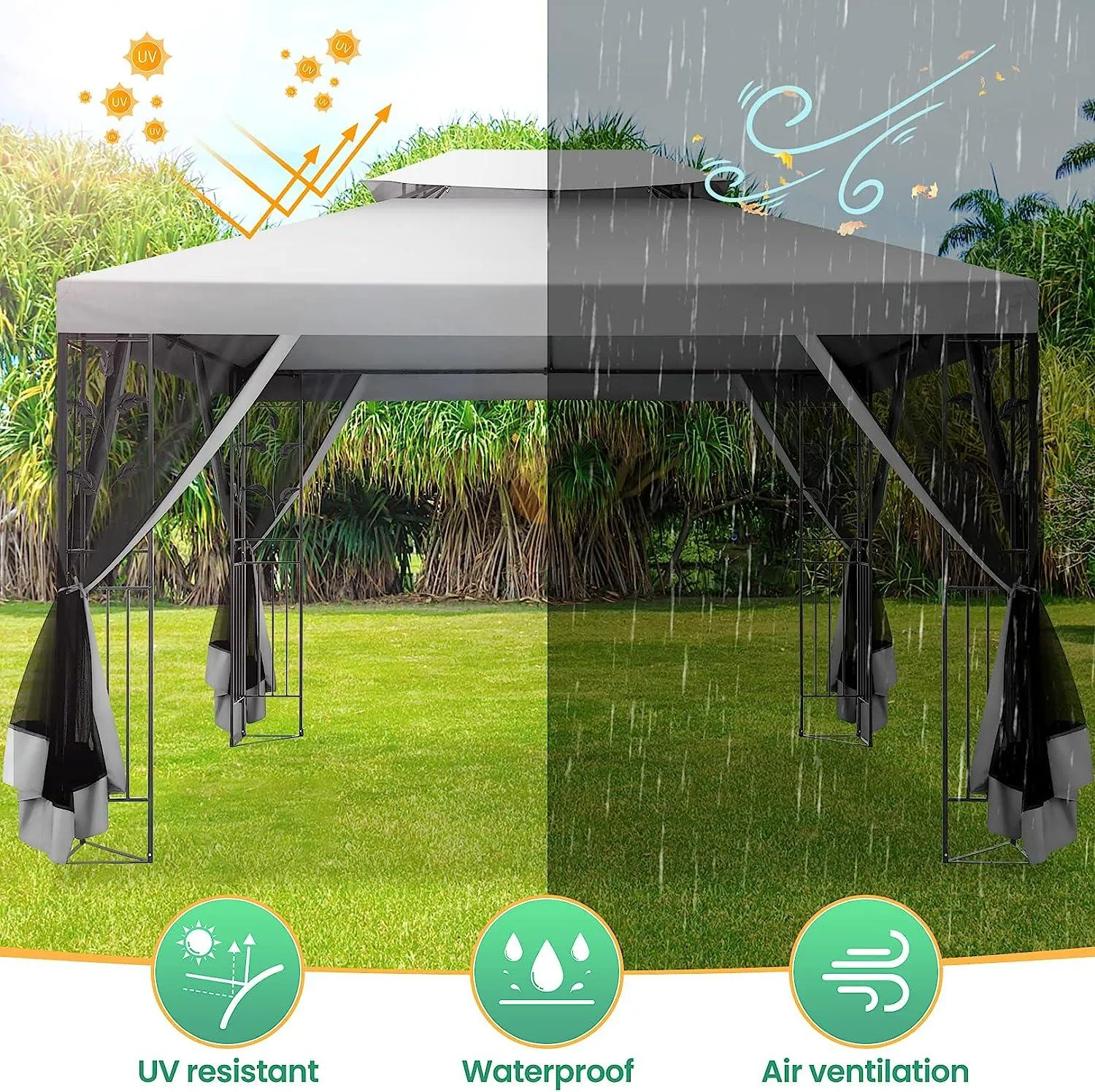 COBIZI 10x13 Outdoor Gazebo with Leaf Screen Steel Frame and Mosquito Netting