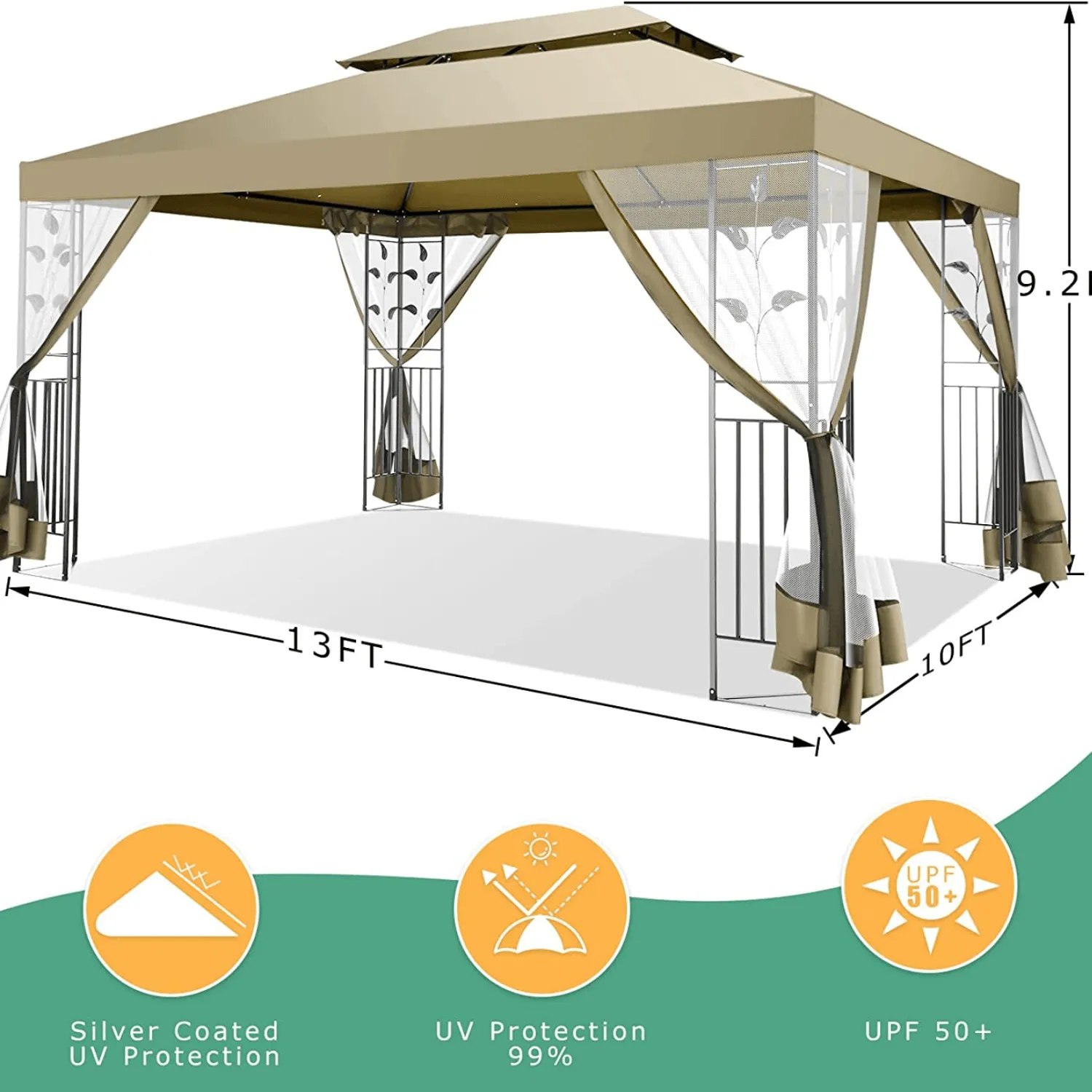 COBIZI 10x13 Outdoor Gazebo with Leaf Screen Steel Frame and Mosquito Netting