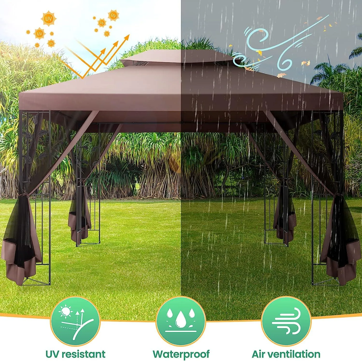 COBIZI 10x13 Outdoor Gazebo with Leaf Screen Steel Frame and Mosquito Netting