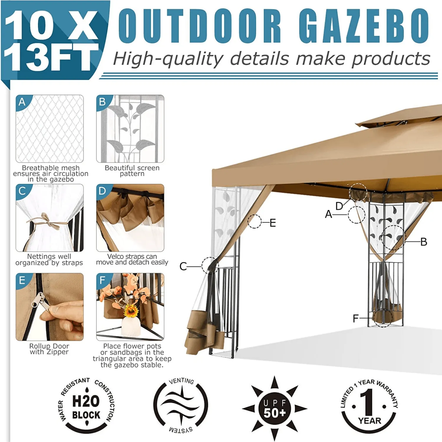 COBIZI 10x13 Outdoor Gazebo with Leaf Screen Steel Frame and Mosquito Netting