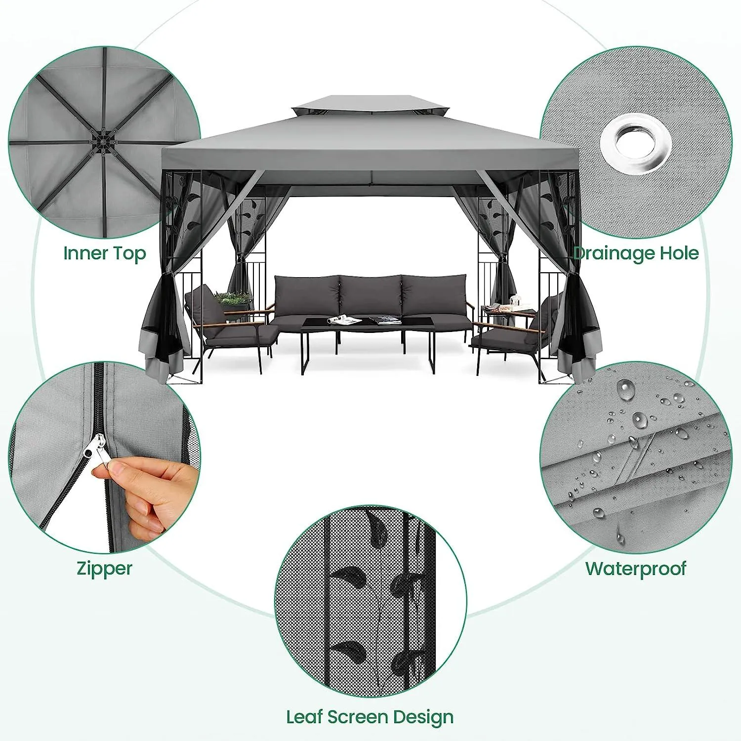 COBIZI 10x13 Outdoor Gazebo with Leaf Screen Steel Frame and Mosquito Netting