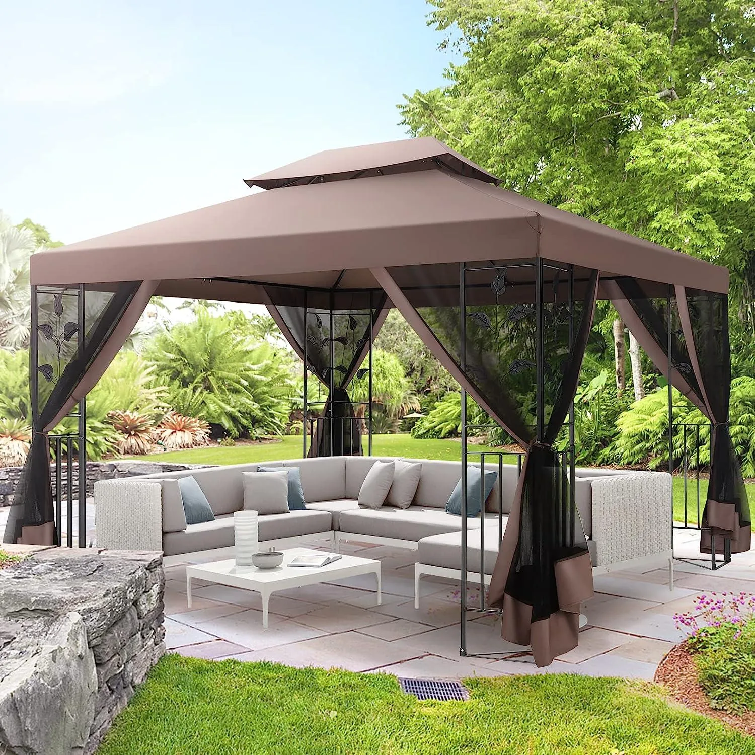 COBIZI 10x13 Outdoor Gazebo with Leaf Screen Steel Frame and Mosquito Netting