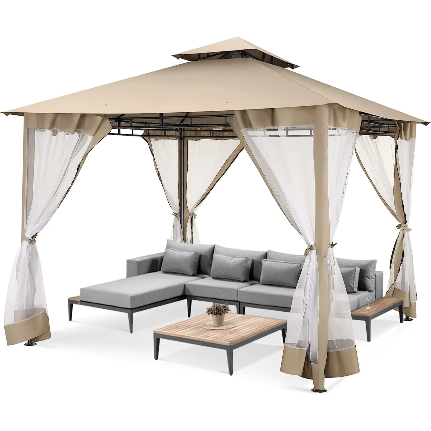 COBIZI Gazebo 10x10 Double Rooftops with Mosquito Netting Waterproof Screened Gazebo