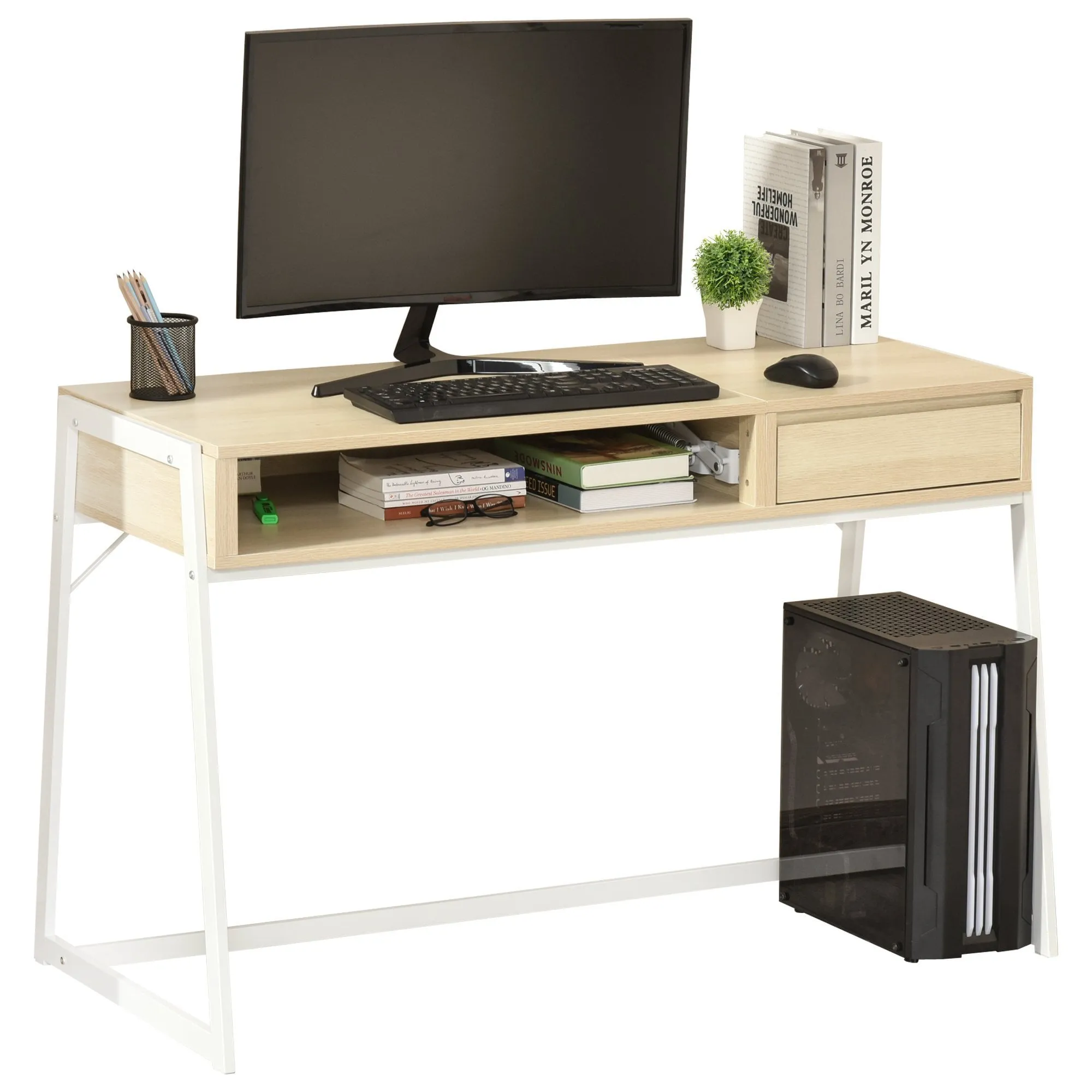 Compact Computer Desk Workstation for Modern Office Study Writing with Drawer Storing Box, Home Furniture, Natural Study