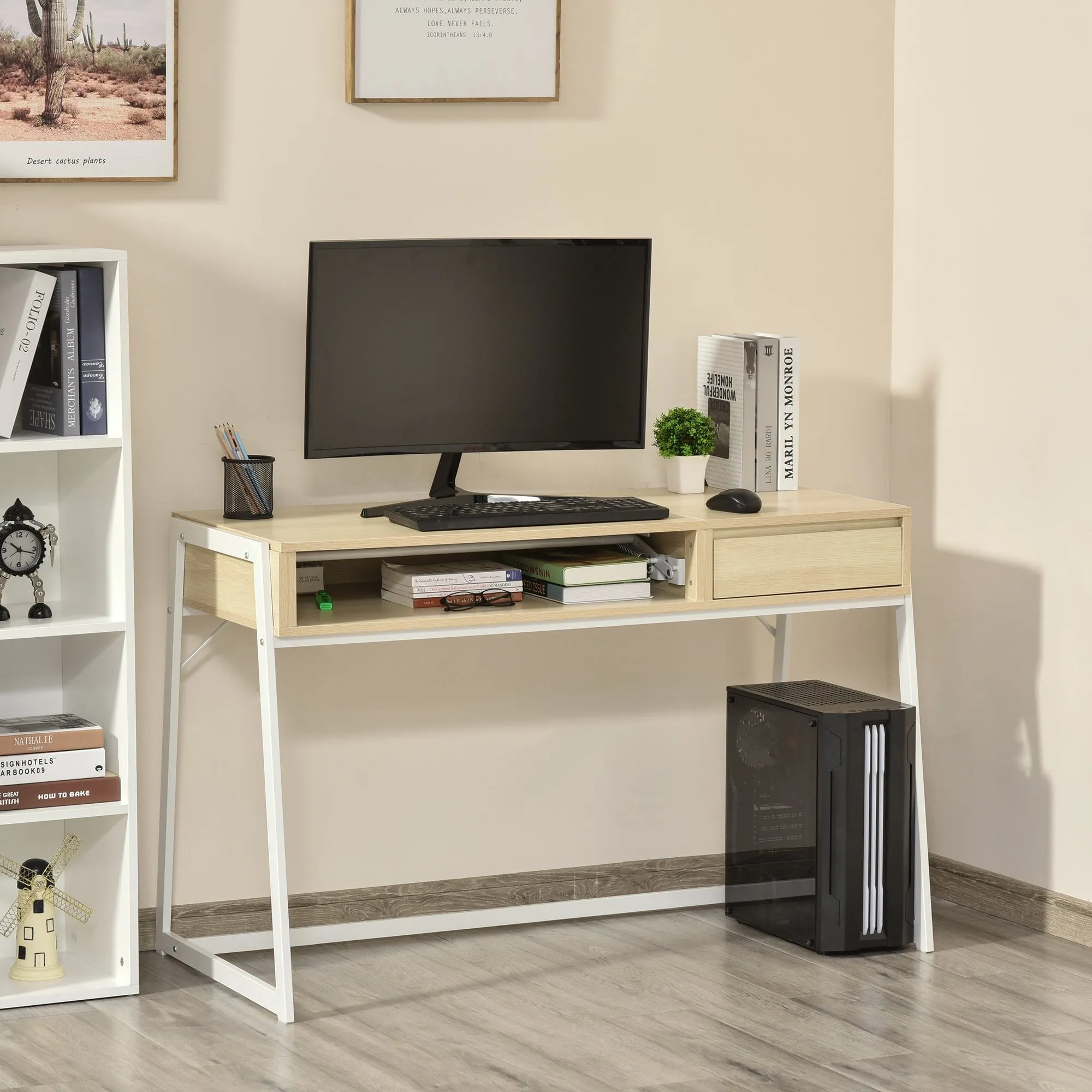 Compact Computer Desk Workstation for Modern Office Study Writing with Drawer Storing Box, Home Furniture, Natural Study