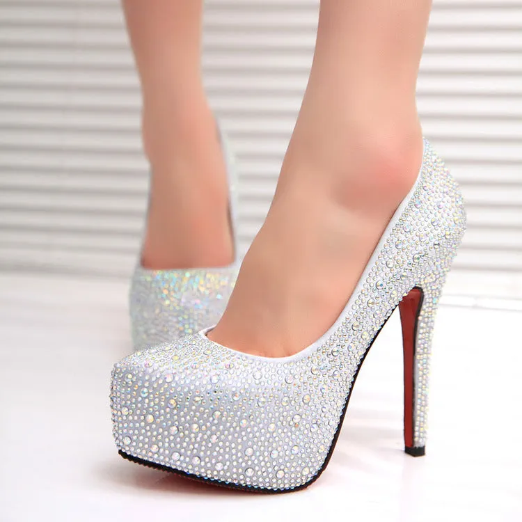 Crystal Ankle Wrap Round Toe Stiletto High Heels Bridal Shoes