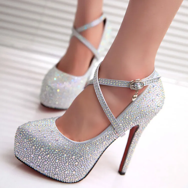 Crystal Ankle Wrap Round Toe Stiletto High Heels Bridal Shoes