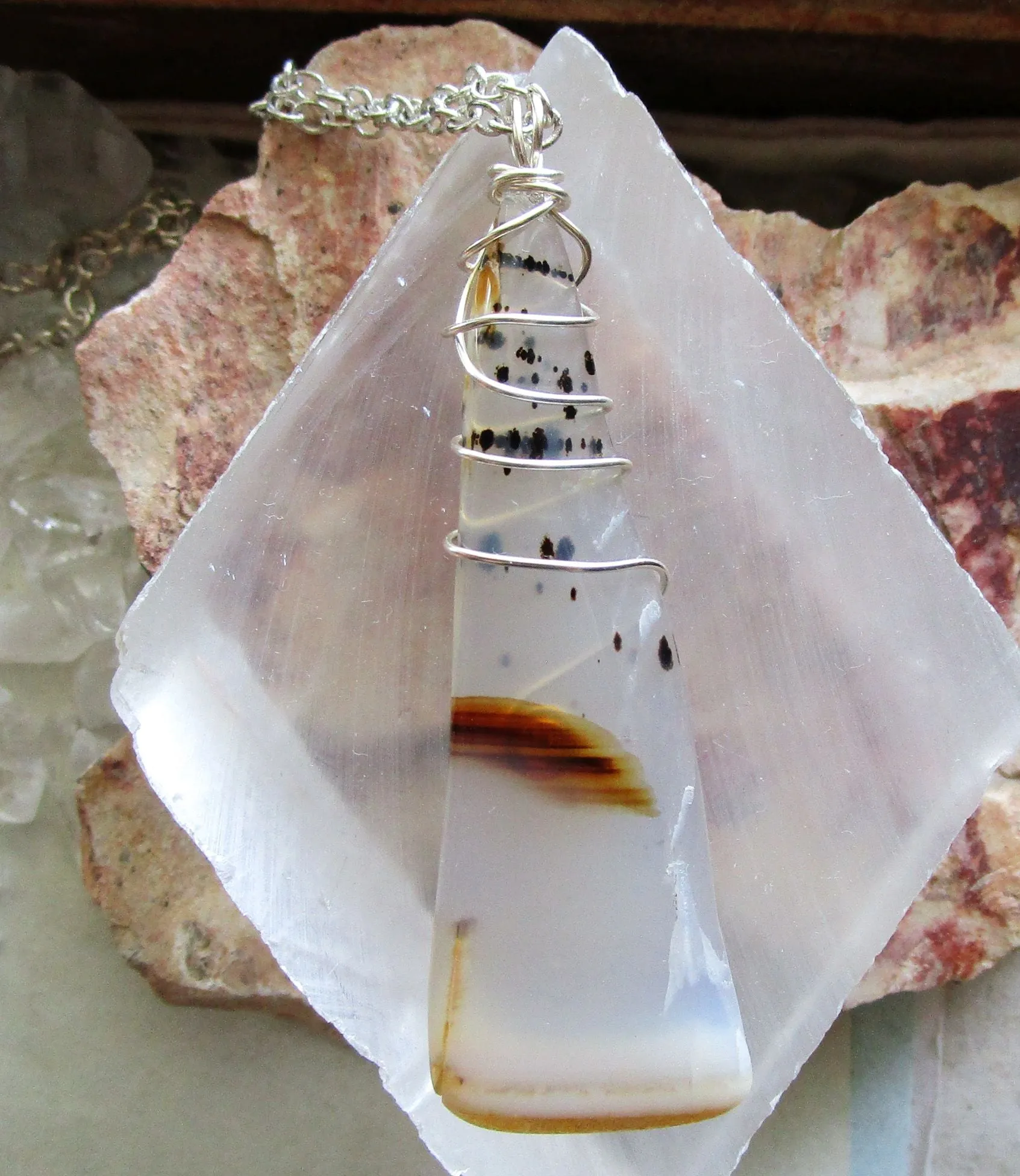 Dendrite Agate Natural Crystal Wire Wrapped Pendant Necklace