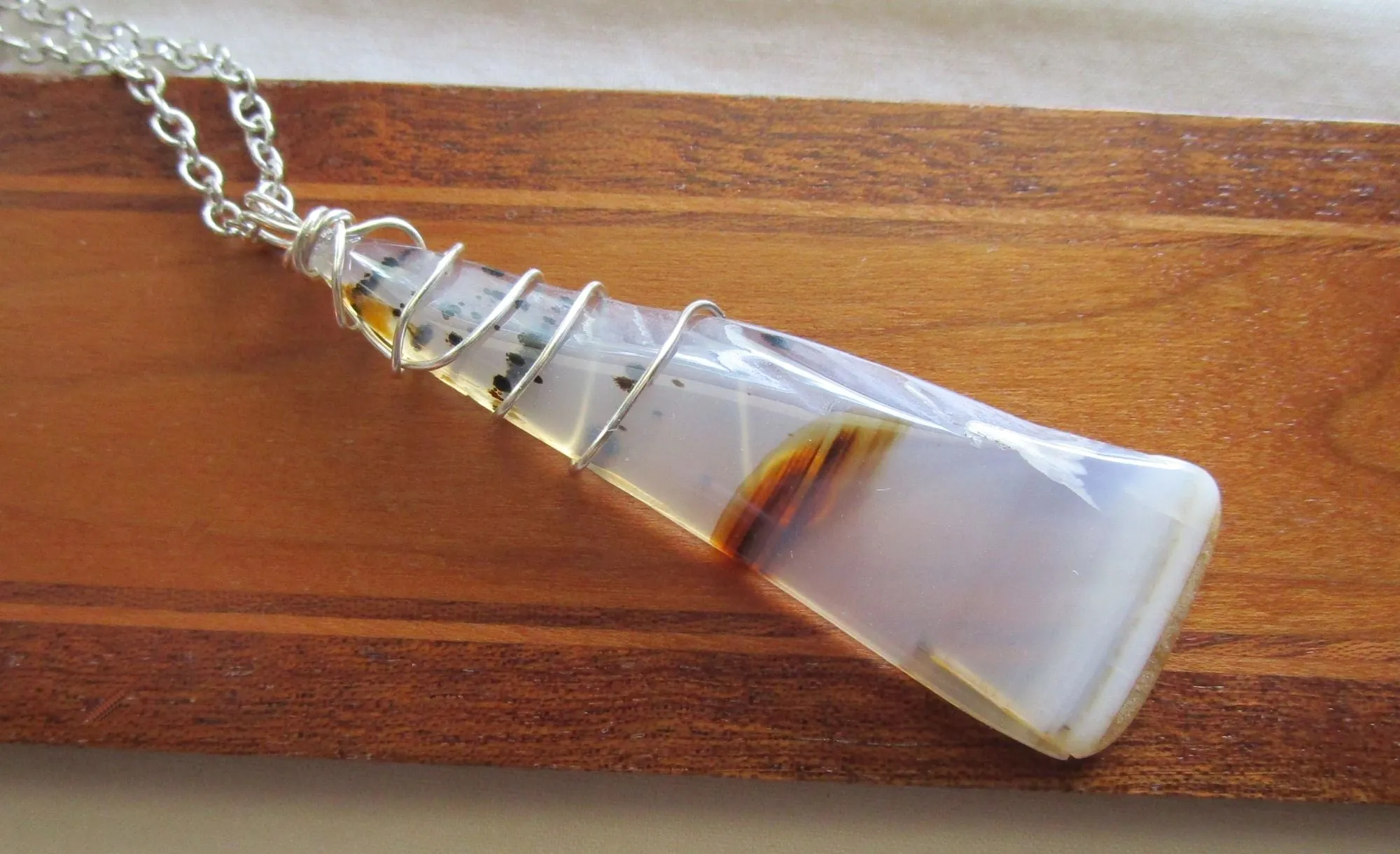 Dendrite Agate Natural Crystal Wire Wrapped Pendant Necklace