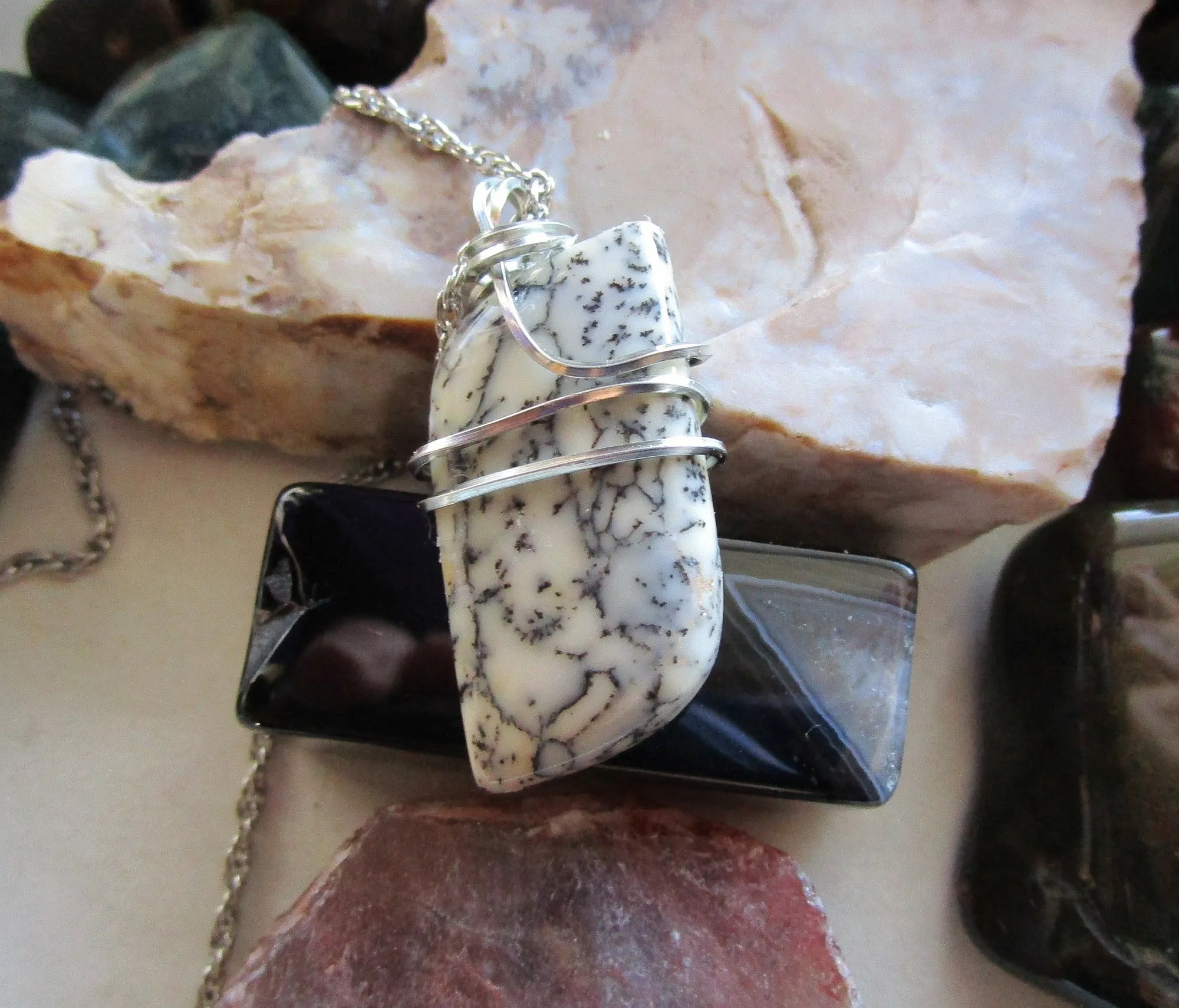 Dendrite Agate Natural Wire Wrapped Crystal Pendant Necklace