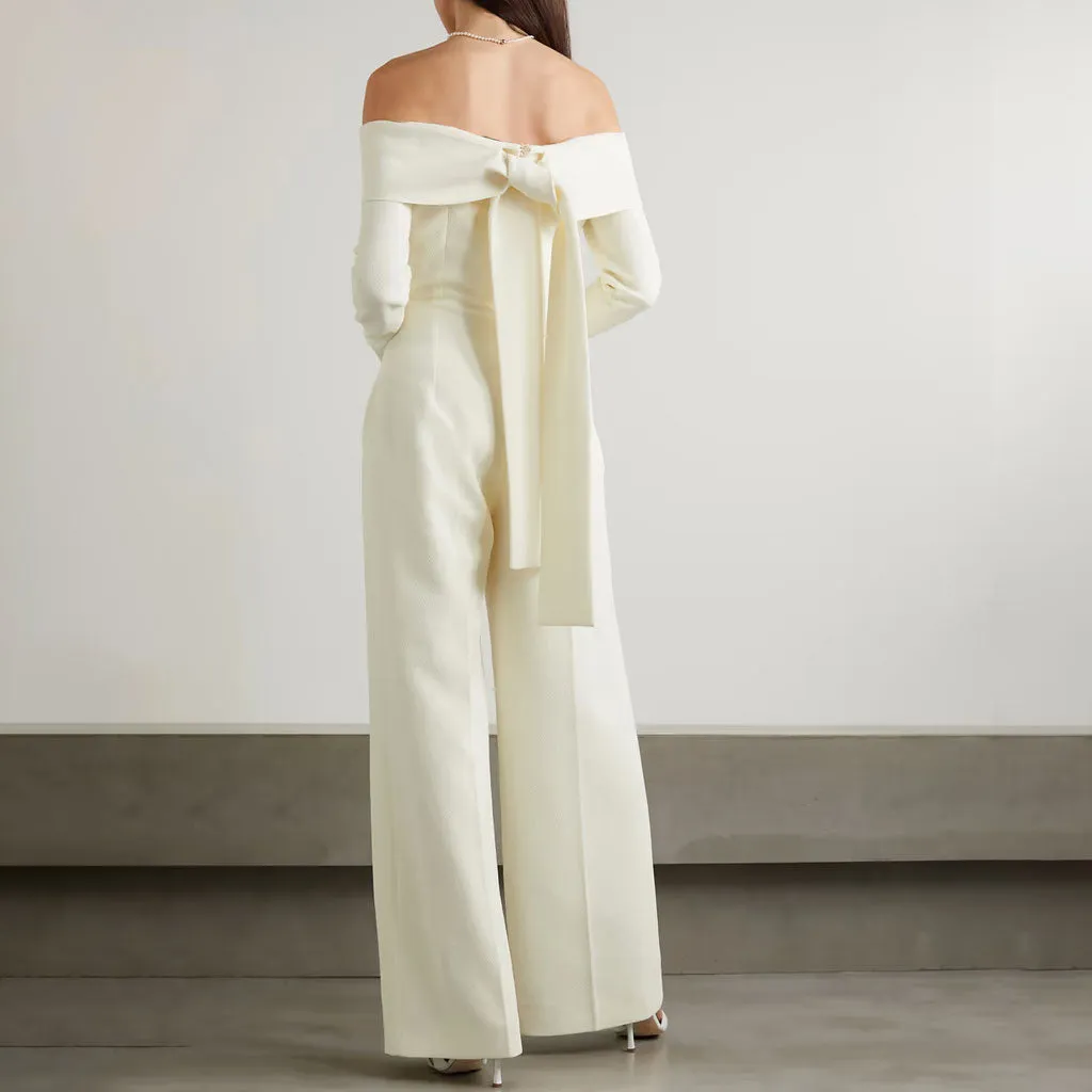 Elegant Folded Off Shoulder Bow Tie Back Long Sleeve Wide Leg Crepe Jumpsuit