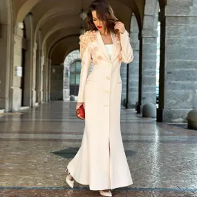 Elegant Rosette Applique Strong Shoulder Single Breasted Long Blazer Dress