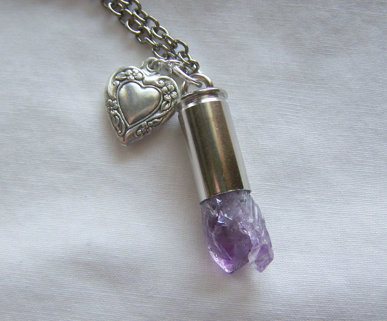 Elestial Amethyst Quartz Crystal Bullet Heart Jewelry Necklace