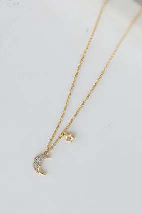 Emilee Gold Rhinestone Crescent Moon Charm Necklace