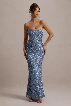 Evabeth | Powder Blue Sequin Strapless Maxi Dress