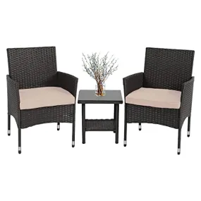 FDW Outdoor Wicker Bistro Rattan Chair Conversation Sets with Coffee Table for Yard Backyard Lawn Porch Poolside Balcony,Black