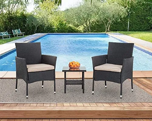 FDW Outdoor Wicker Bistro Rattan Chair Conversation Sets with Coffee Table for Yard Backyard Lawn Porch Poolside Balcony,Black