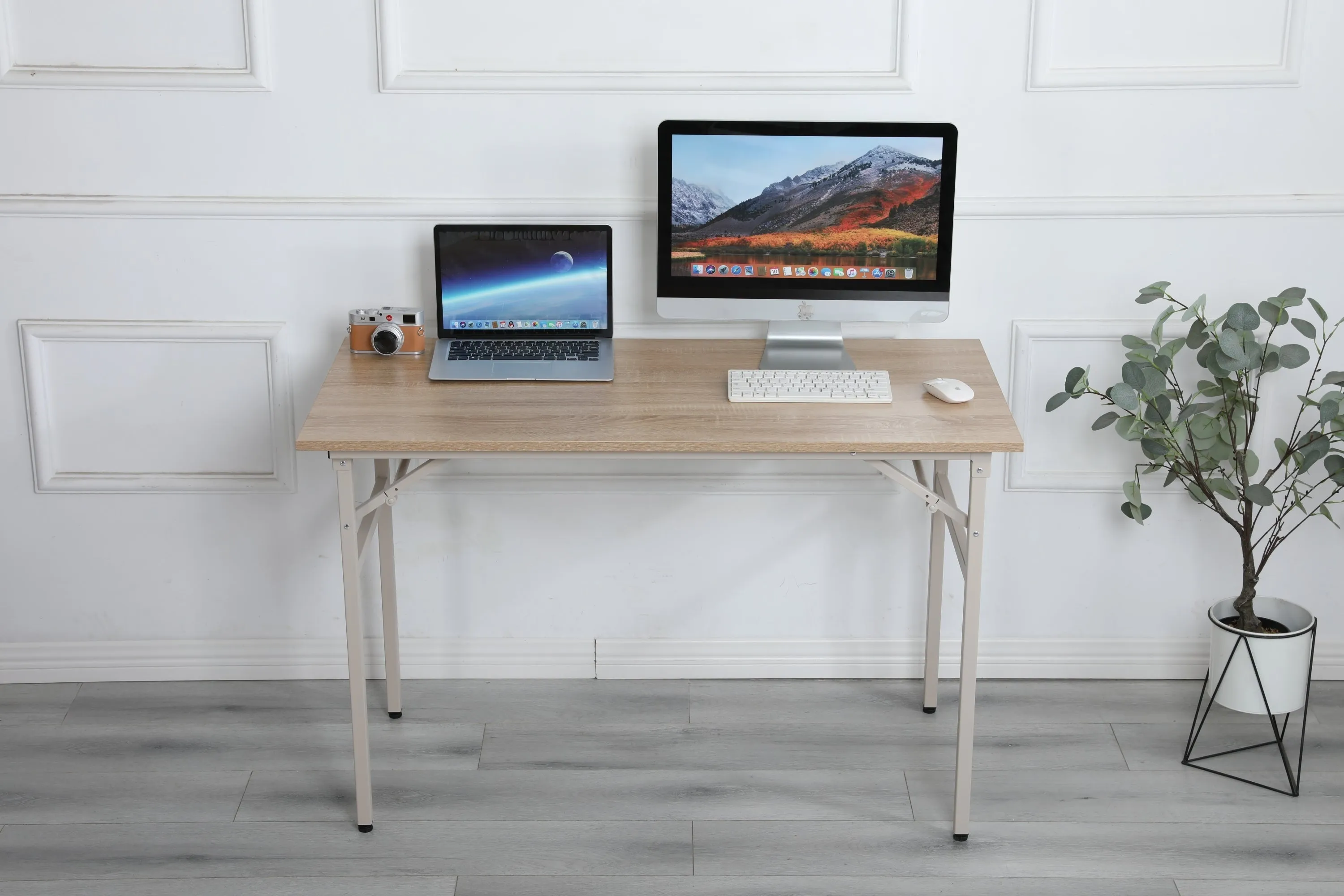 Folding Computer Workstation Desk: No Installation, 31.5x15.7 inches, Beige