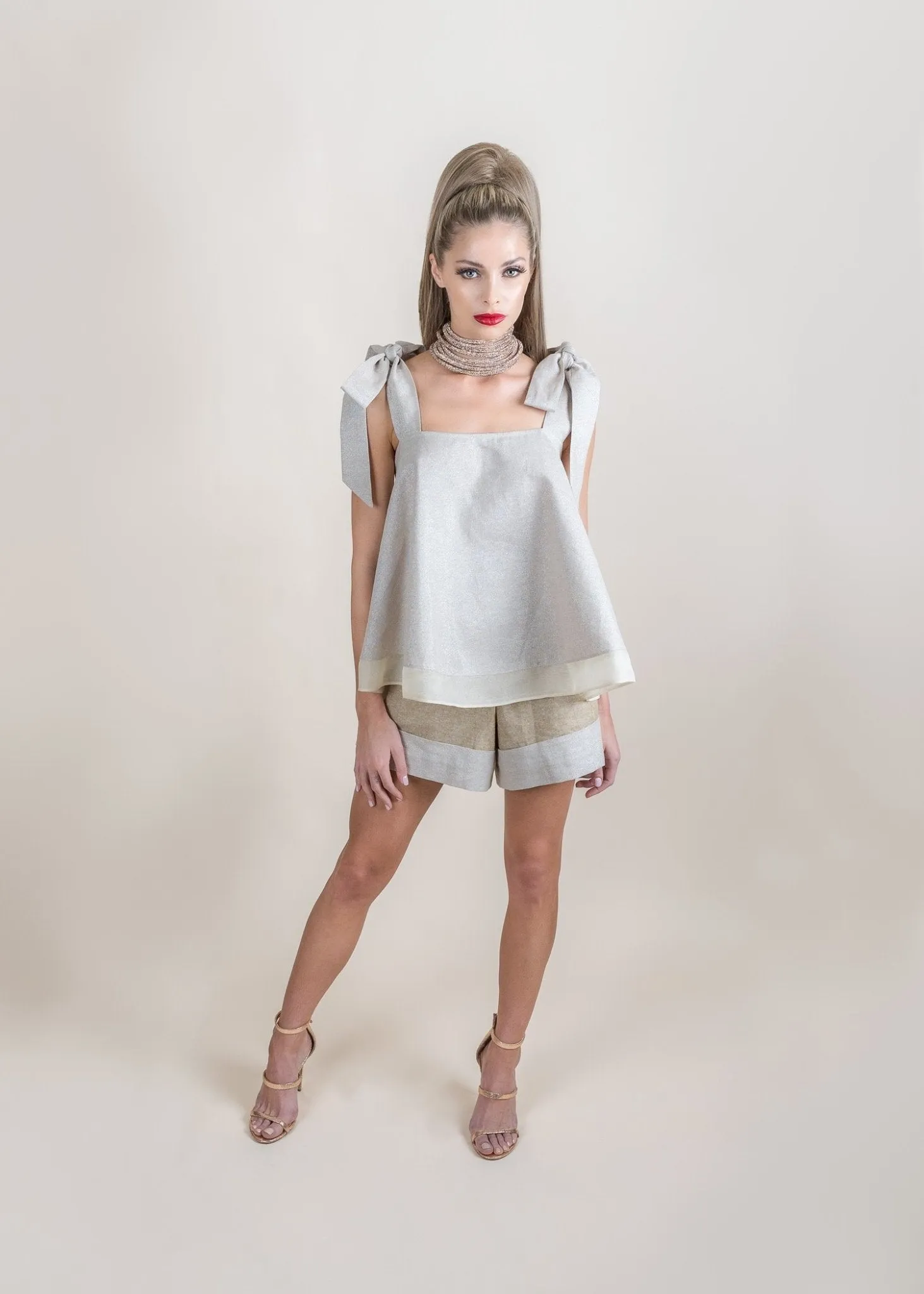 Frilly Top with Bow Tie in Beige