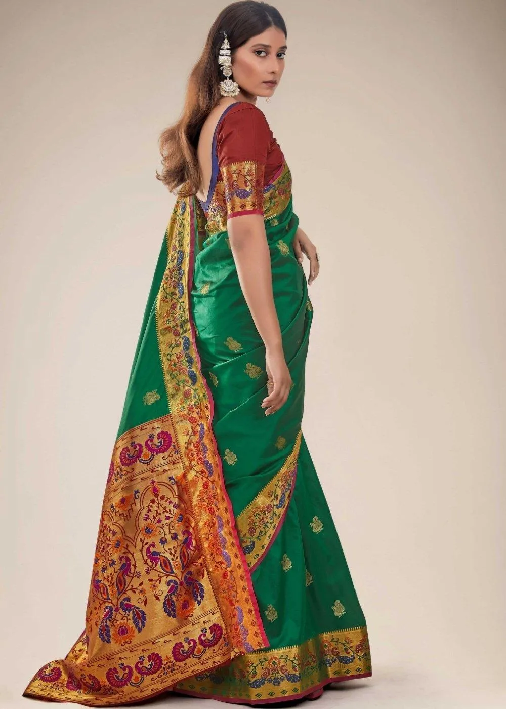 Fun Green Woven Paithani Silk Saree | Stitched Blouse