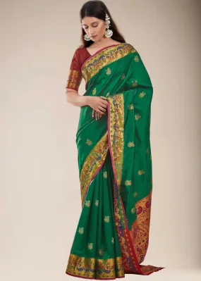 Fun Green Woven Paithani Silk Saree | Stitched Blouse