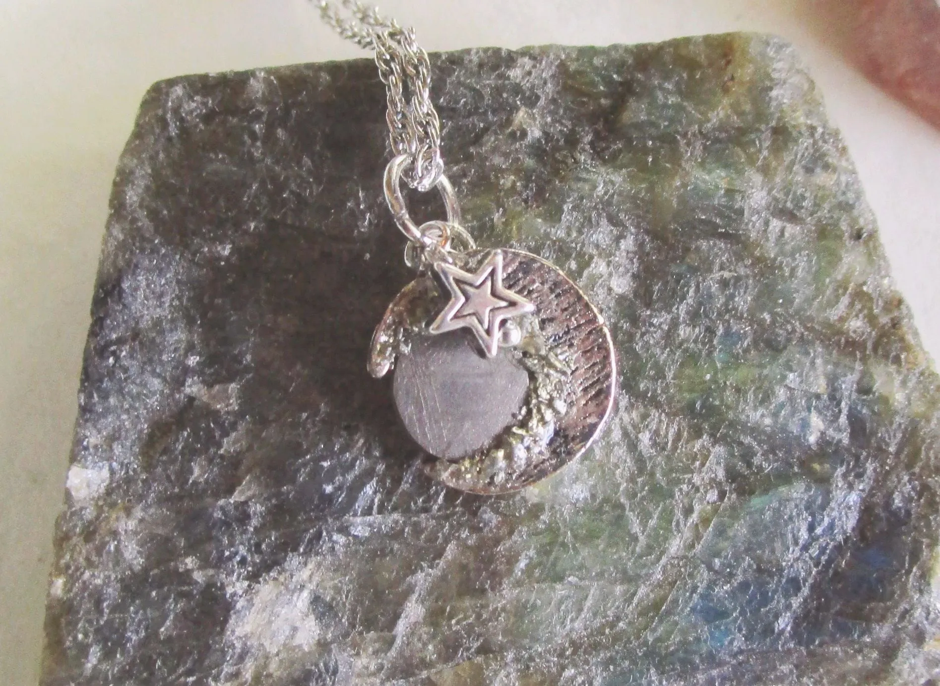 Gibeon Meteorite Silver Moon and Star Celestial Pendant Necklace