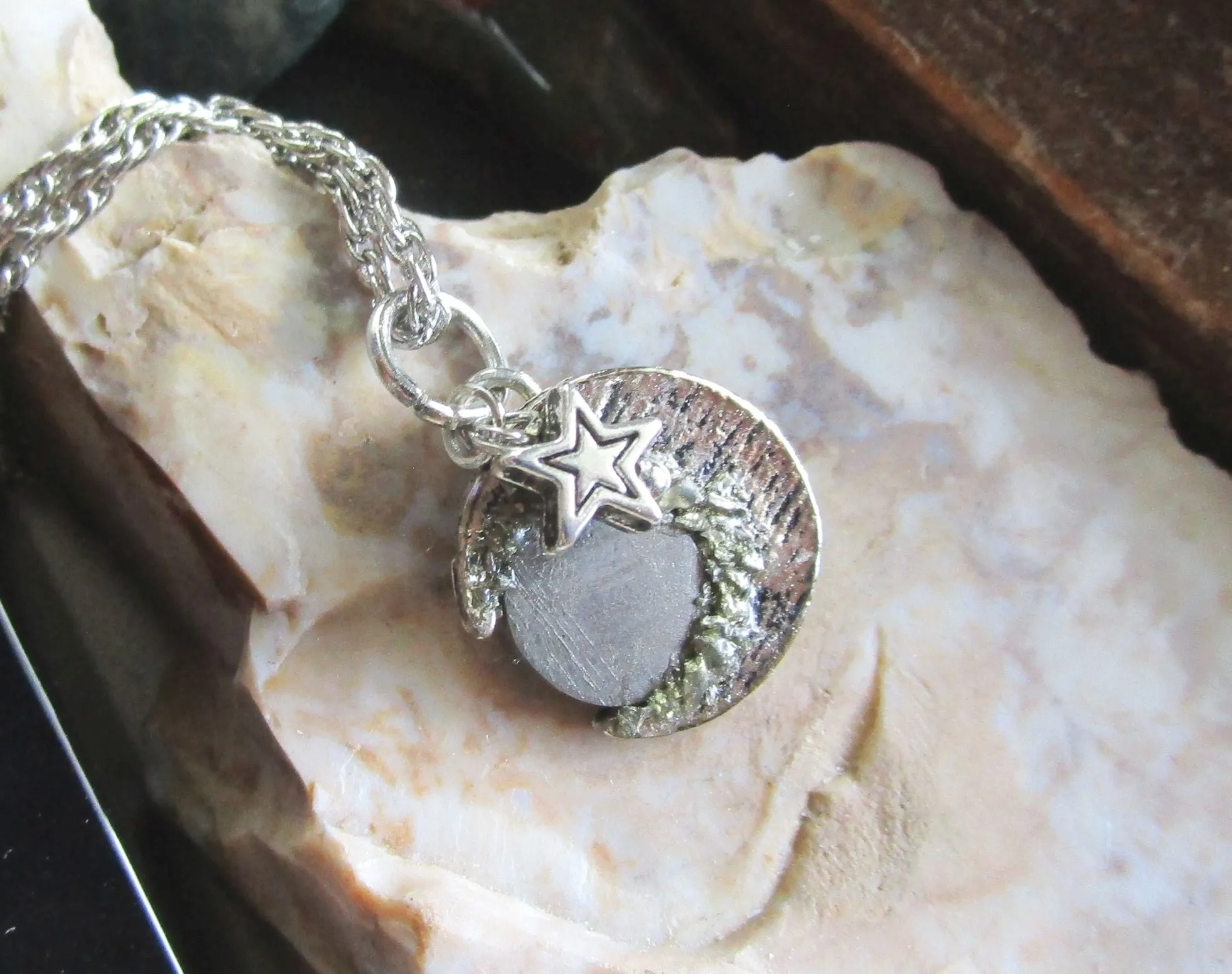 Gibeon Meteorite Silver Moon and Star Celestial Pendant Necklace