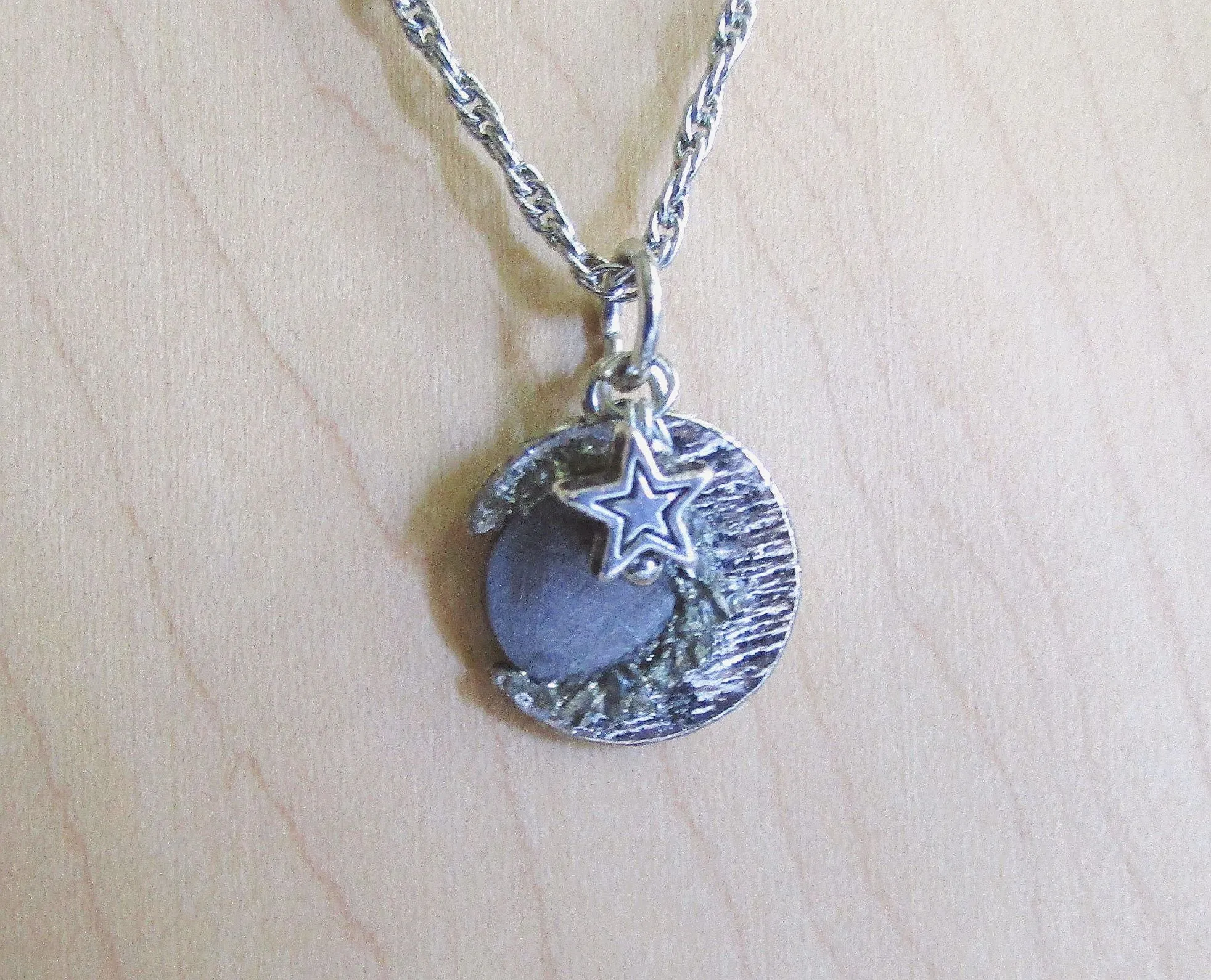 Gibeon Meteorite Silver Moon and Star Celestial Pendant Necklace