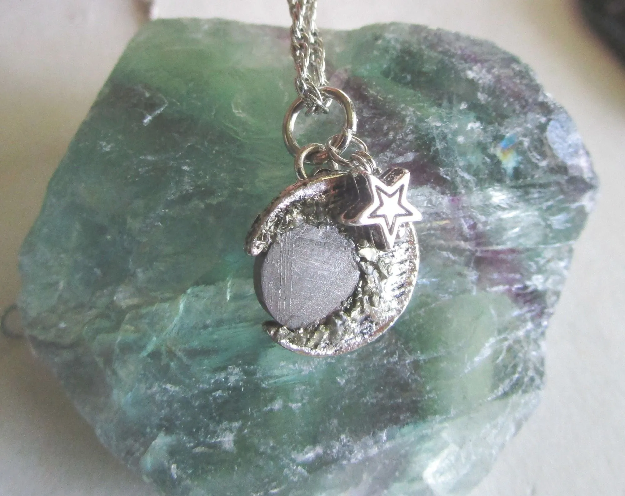 Gibeon Meteorite Silver Moon and Star Celestial Pendant Necklace