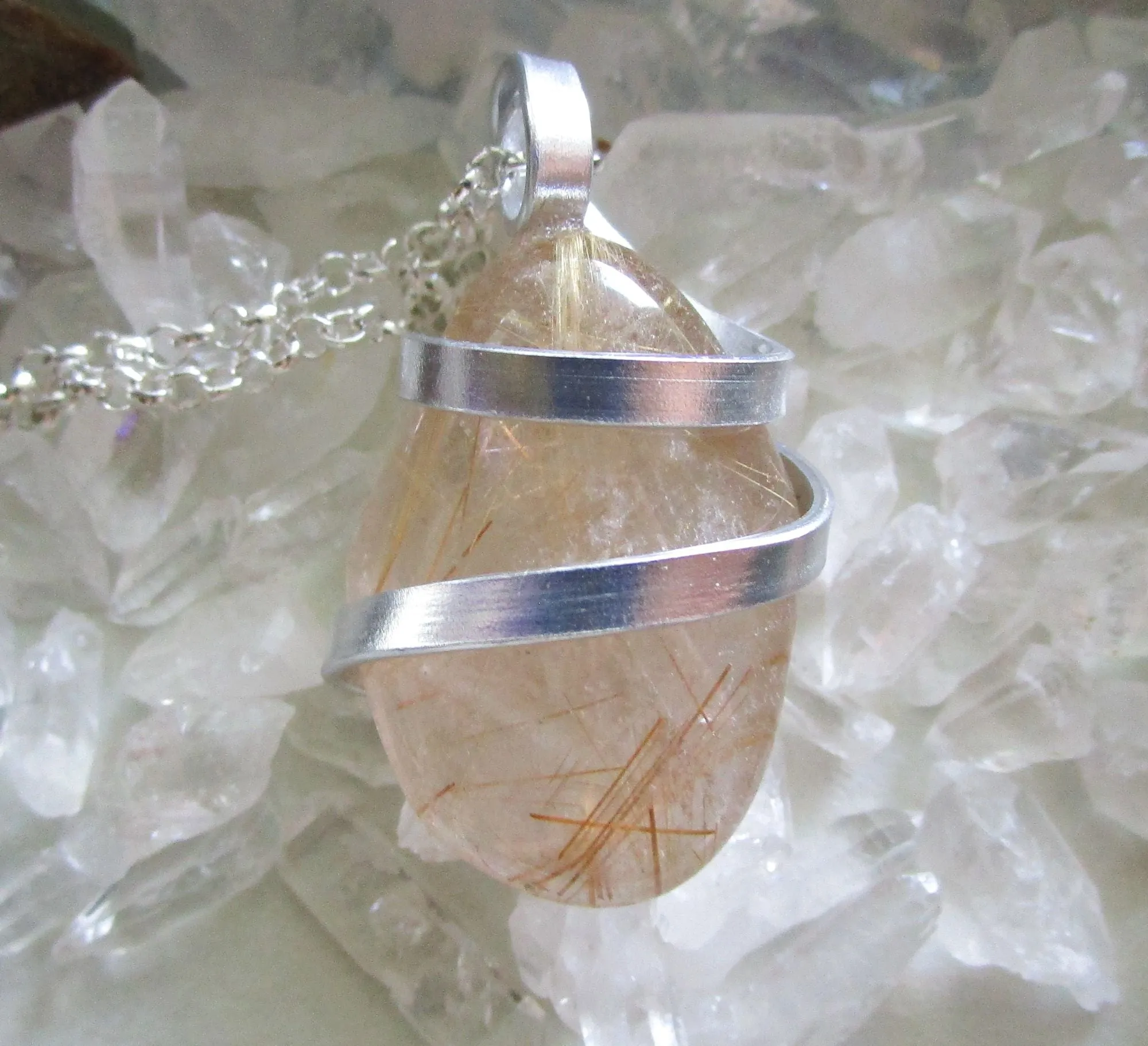 Gold Rutilated Natural Polished Quartz Crystal Pendant Necklace