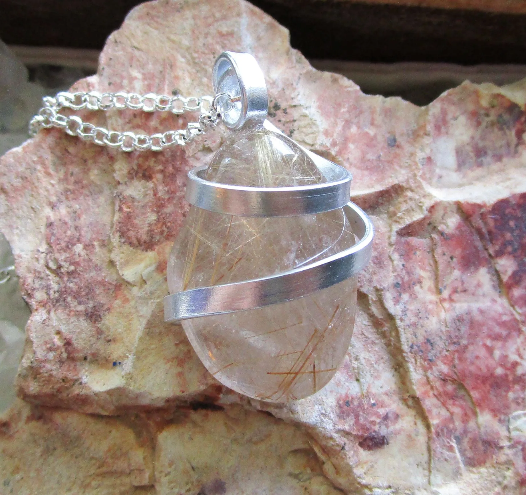 Gold Rutilated Natural Polished Quartz Crystal Pendant Necklace