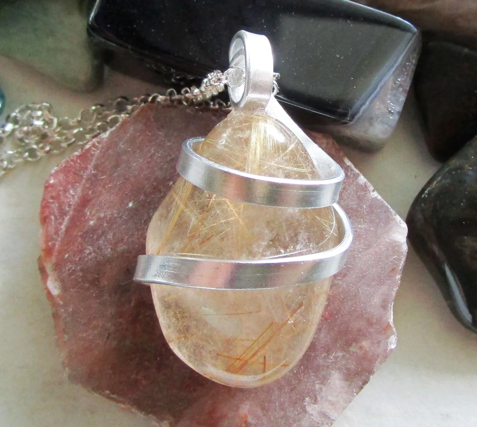 Gold Rutilated Natural Polished Quartz Crystal Pendant Necklace