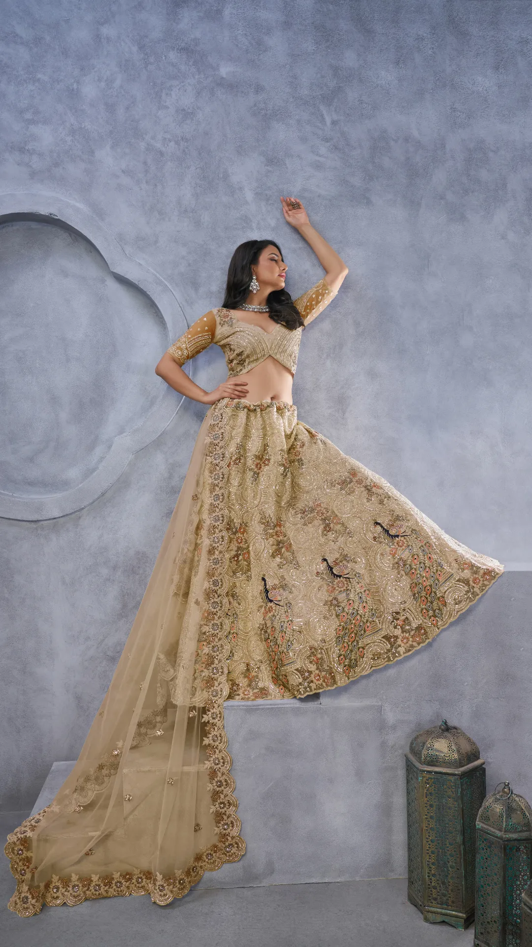 Golden Alluring Bel Butti pattern Golden Sangeet Lehenga Choli