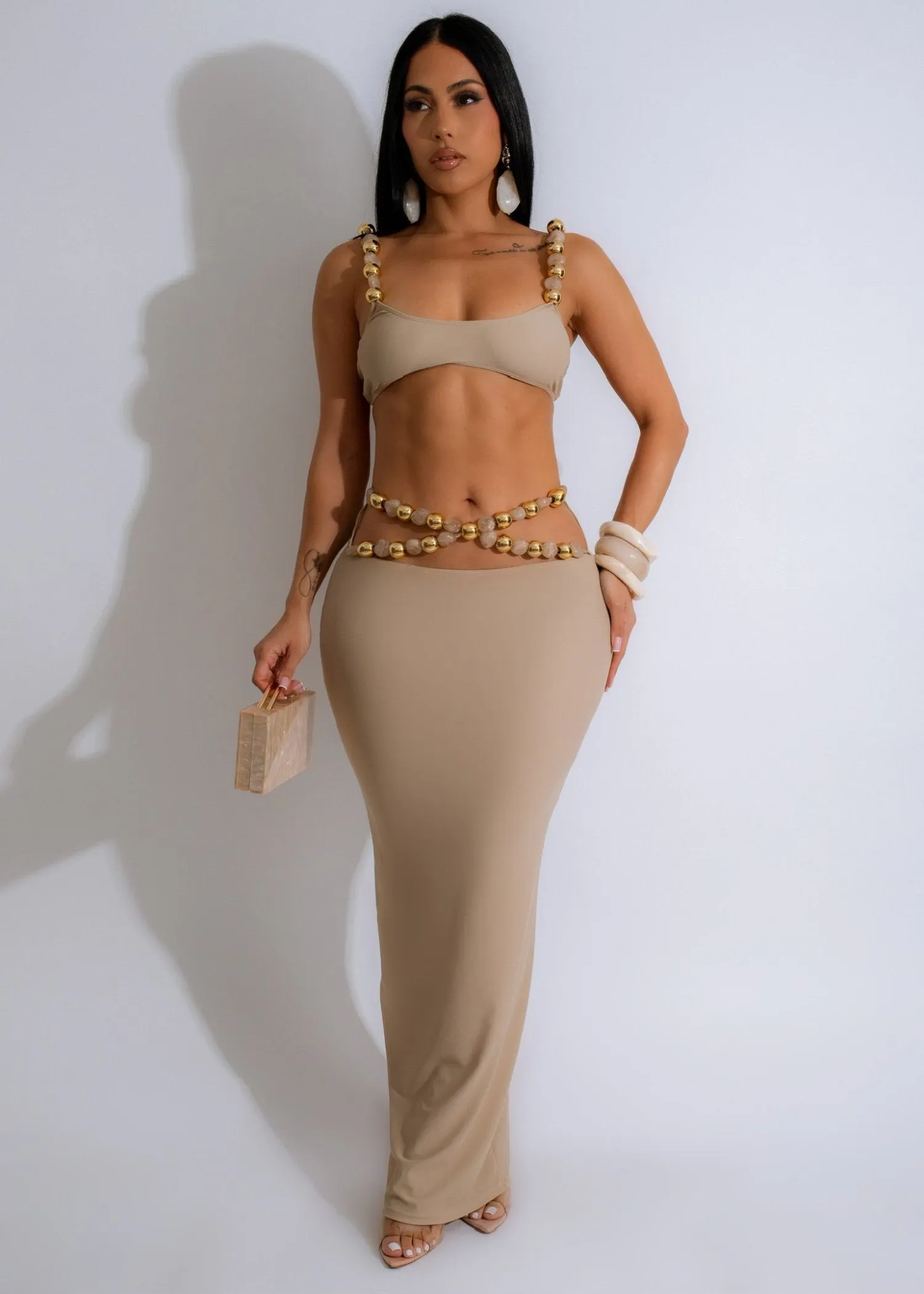 Golden Glamour Beaded Skirt Set Nude