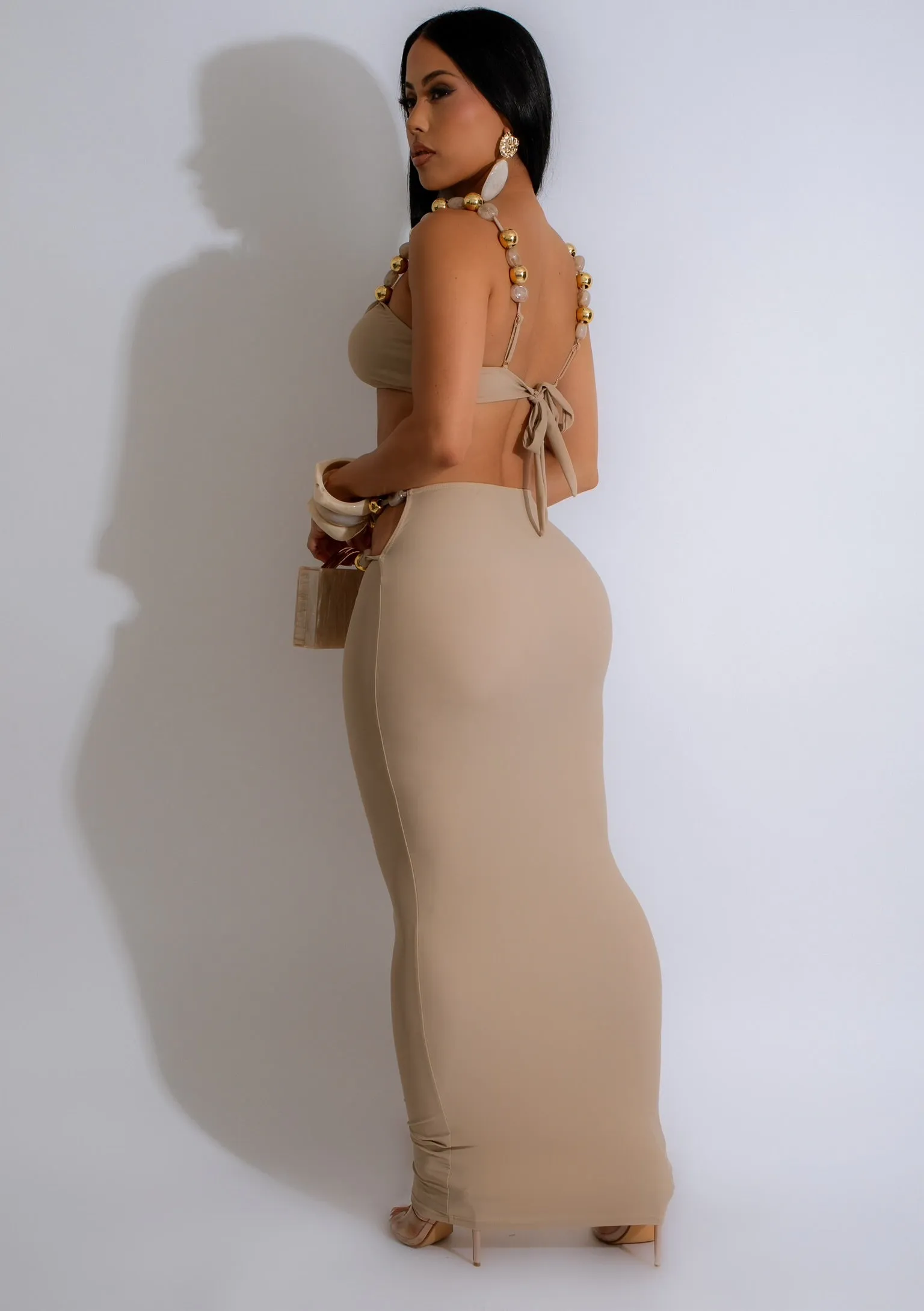 Golden Glamour Beaded Skirt Set Nude