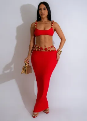 Golden Glamour Beaded Skirt Set Red