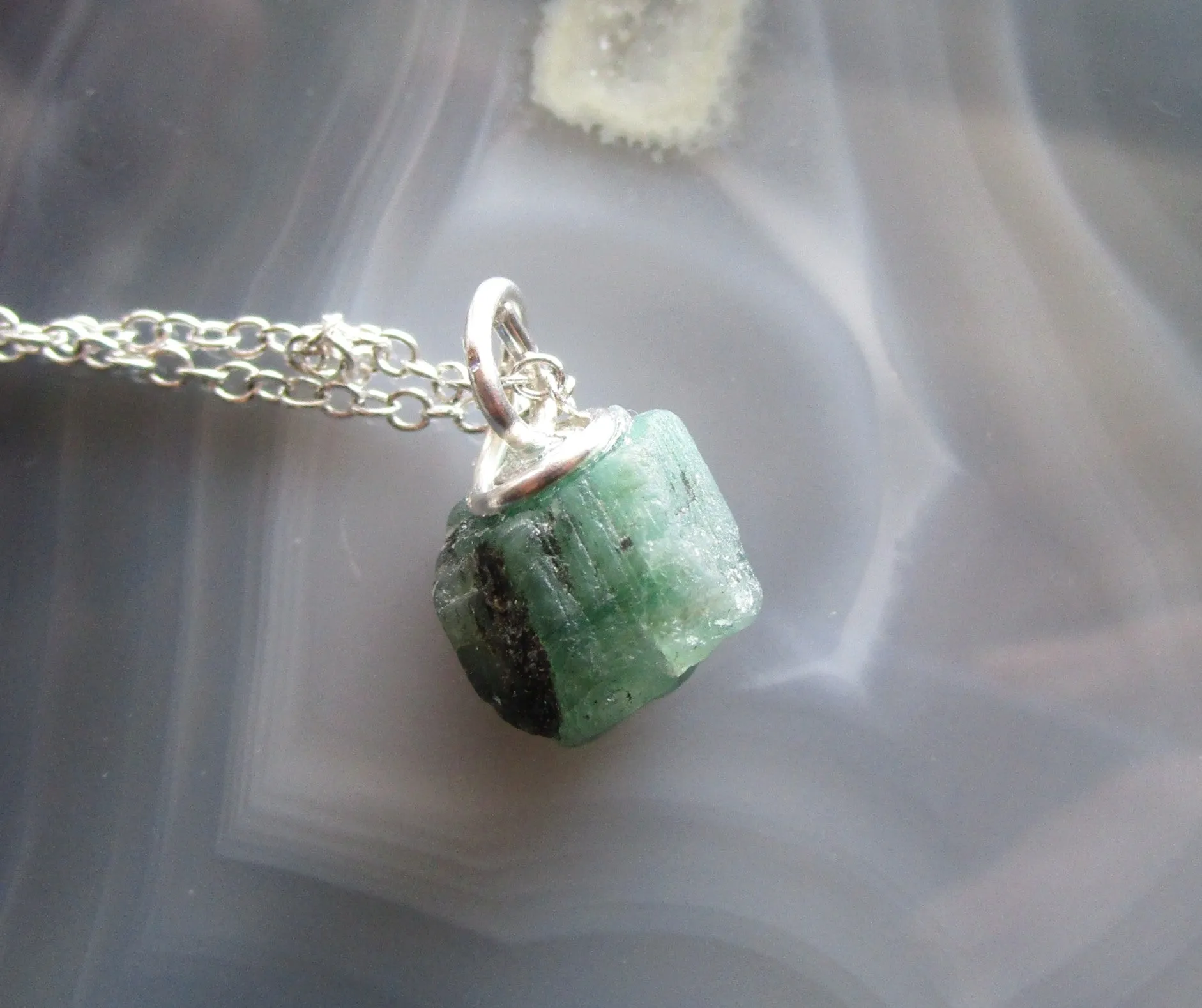 Green Emerald Natural Raw Gemstone Crystal Pendant Necklace