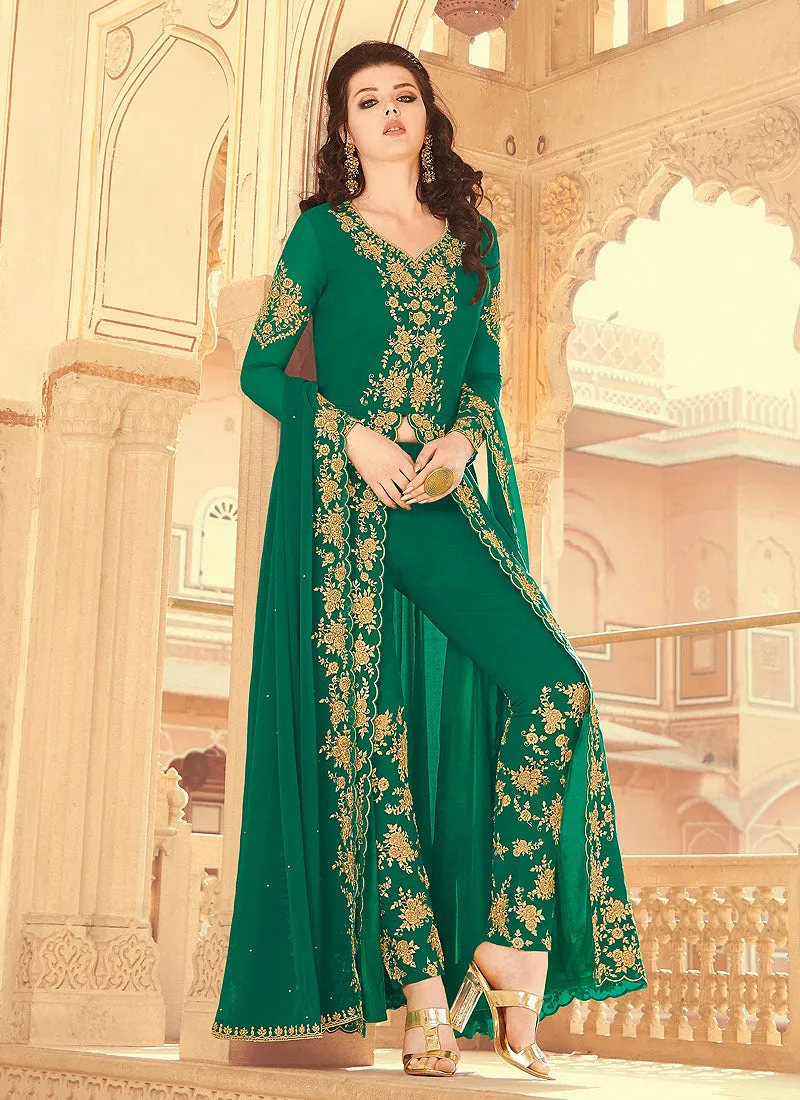 Green Golden Embroidered Slit Style Palazzo Suit