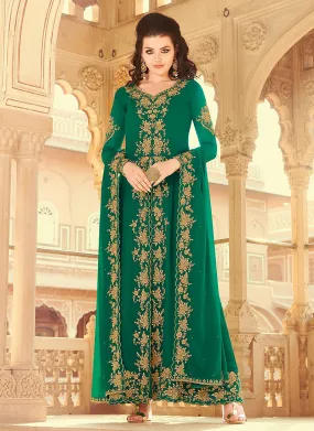 Green Golden Embroidered Slit Style Palazzo Suit