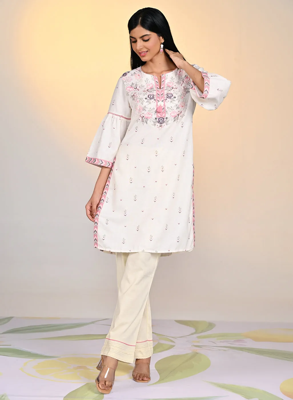 Gulshan Ivory with Green Printed Cotton Linen Kurta
for Women