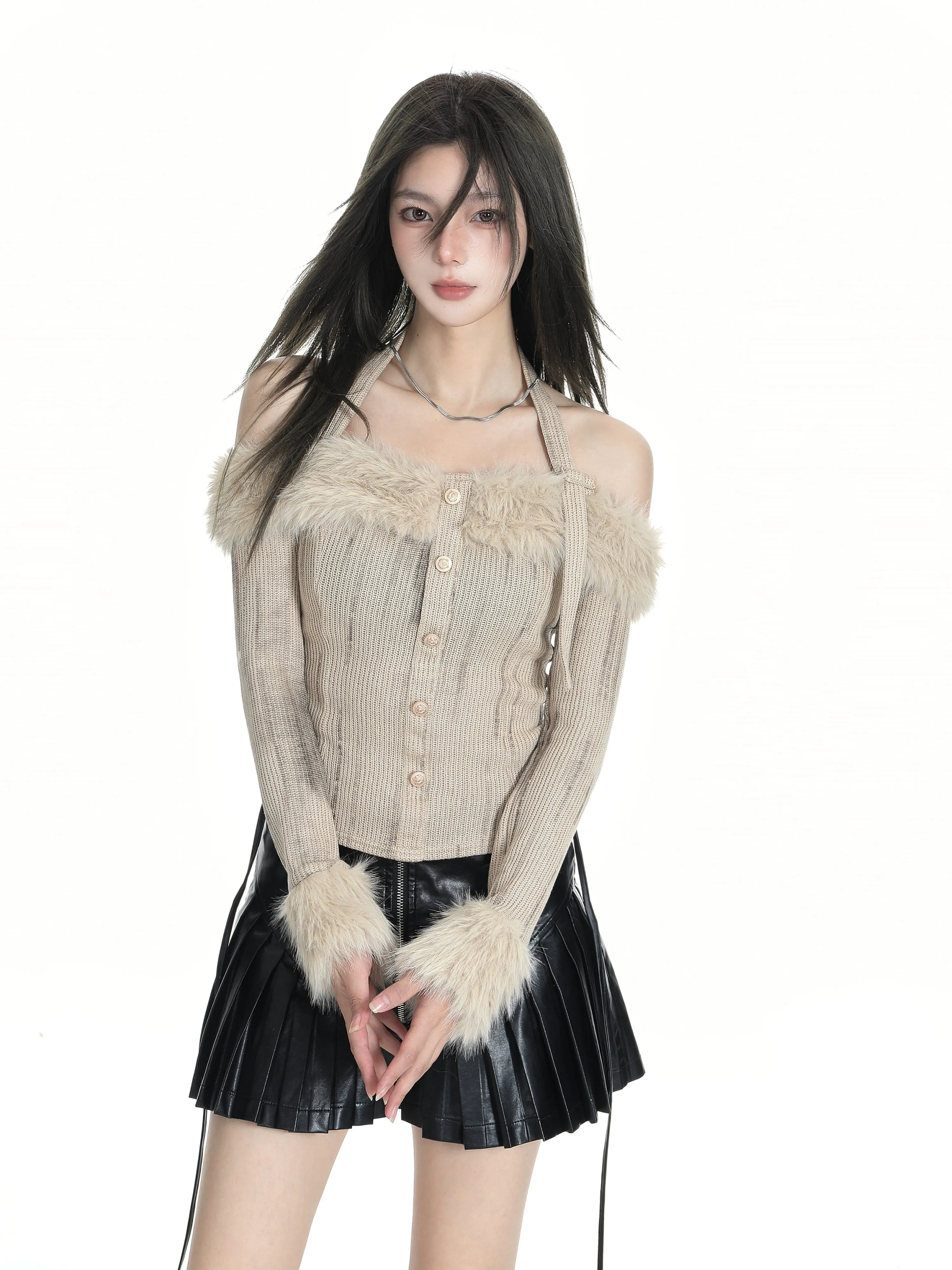 Halter Neck Faux Fur Trim Long Sleeve Top