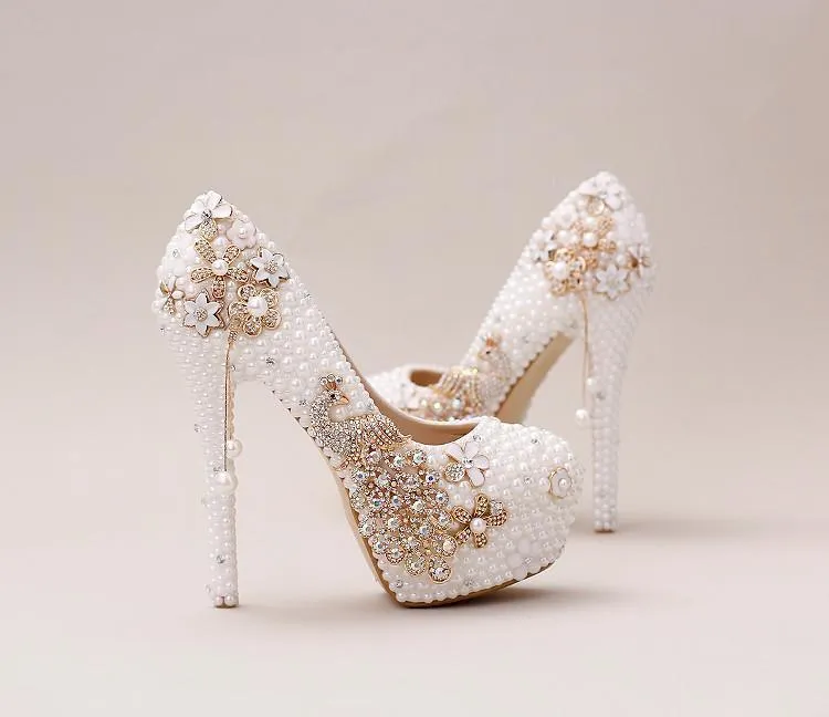 Handmade High Heels Round Toe Pearls Crystal Wedding Shoes, SY0112