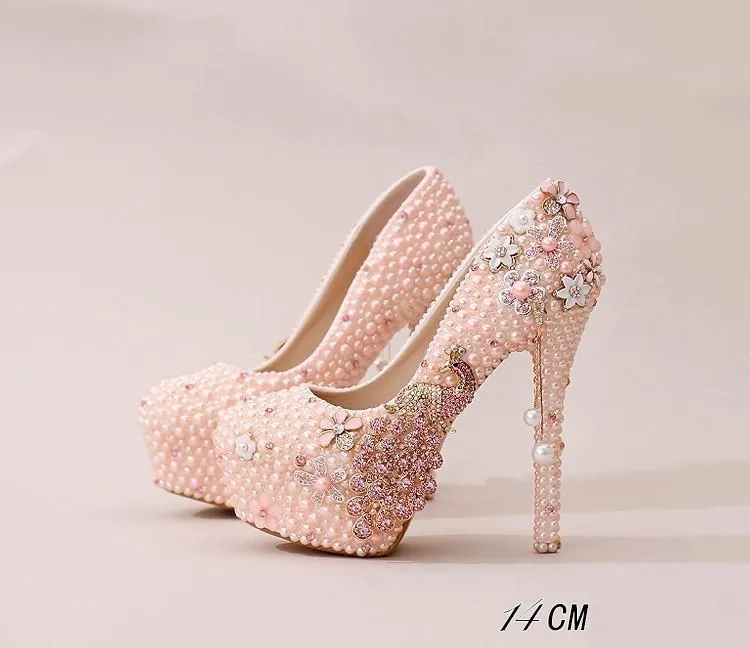 Handmade High Heels Round Toe Pearls Crystal Wedding Shoes, SY0112