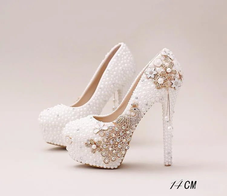 Handmade High Heels Round Toe Pearls Crystal Wedding Shoes, SY0112