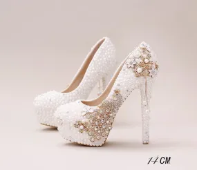 Handmade High Heels Round Toe Pearls Crystal Wedding Shoes, SY0112