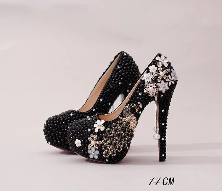 Handmade High Heels Round Toe Pearls Crystal Wedding Shoes, SY0112