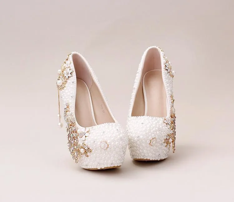 Handmade High Heels Round Toe Pearls Crystal Wedding Shoes, SY0112