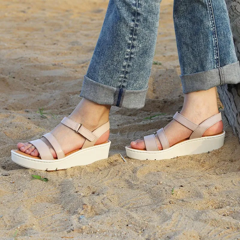 Handmade Leather Double-strap Wedges Sandals in Brown/Apricot- Womens Platform Slingback