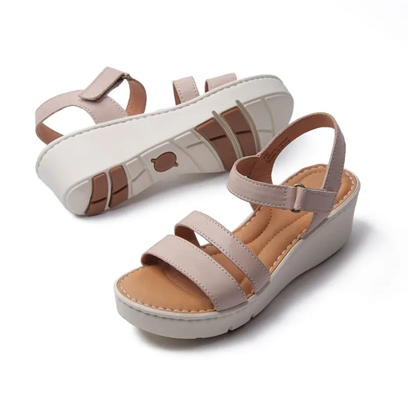 Handmade Leather Double-strap Wedges Sandals in Brown/Apricot- Womens Platform Slingback